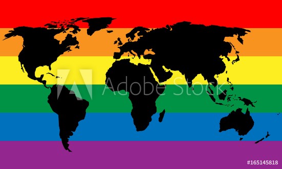 Picture of Black world map silhouette on LGBT rainbow pride flag background Lesbian gay bisexual and transgender stylish design element Simple flat vector illustration